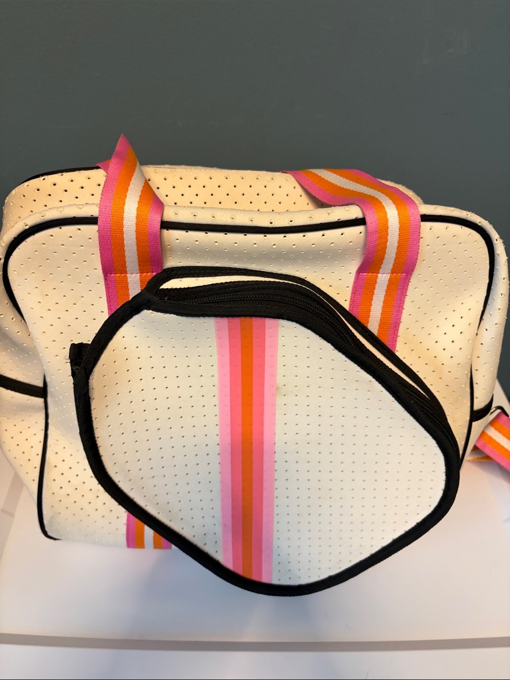 Pickleball White Neoprene Tote with Pink & Orange Stripes